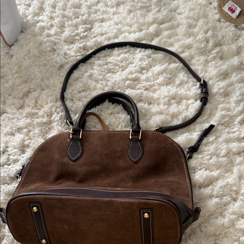 Dooney & Bourke Brown Suede Leather Dome Satchel Crossbody Bag Red Lining - Picture 3 of 12
